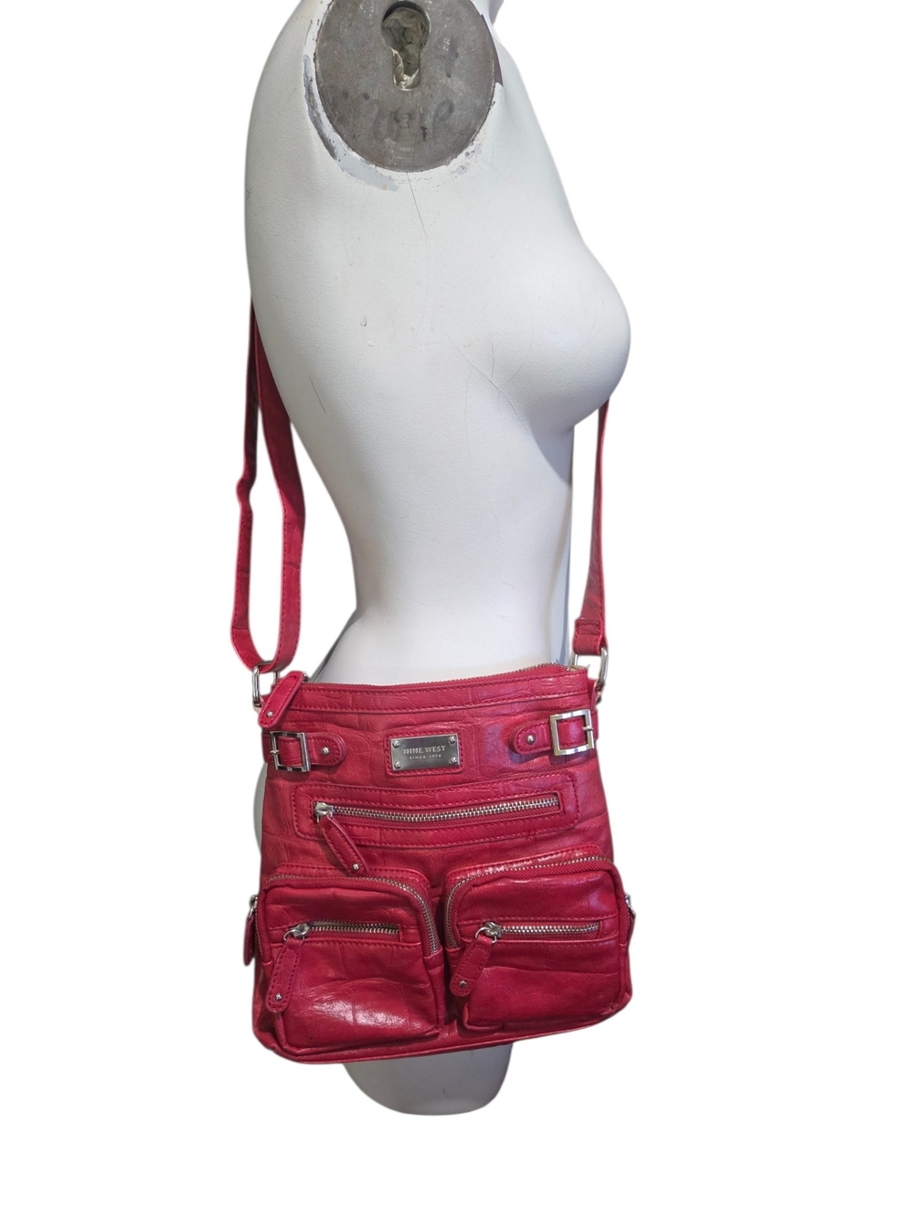 Nine West Red Faux Leather Multi Pocket Crossbody Bag Y2K
